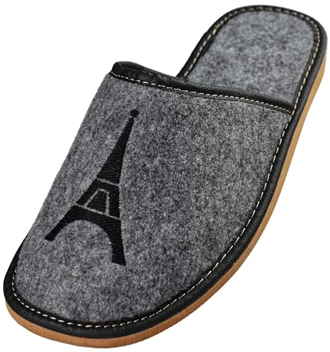 APREGGIO Chaussons Homme en Feutre – Pantoufles Bout Fermé pour Maison – Motif Tour Eiffel Noir - Gris Noir - 41 EU
