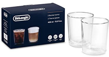 De'Longhi DLSC318 - Juego de vasos térmicos de cristal de doble pared, resistente de borosilicato, cómodo de mantener, sin condensación, lavable en lavavajillas, capacidad 400 ml