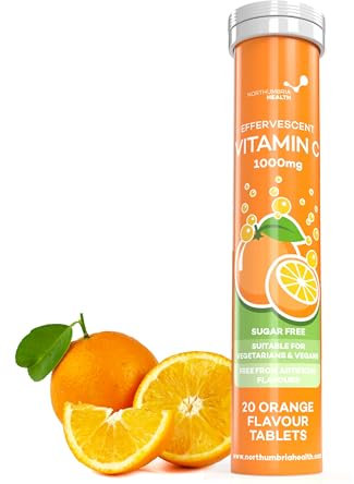 Effervescent Vitamin C Tablets, 20 Orange Flavoured Tablets, High Strength, Immune Support, Essential for Normal Collagen Formation, Vegan, Made by Northumbria Health