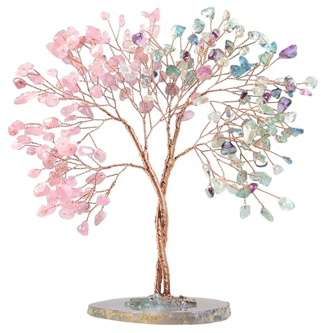 Nupuyai Rosenquarz & Fluorit Baum Edelstein Geldbaum Hochzeit Wohn Deko | Hochzeit Kristallbaum mit Achat Scheibe Basis, Reichtum Glücksbaum, Büro Wohnzimmer Feng Shui Deko, Lebensbaum Geschenk