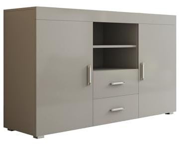 MB Muebles Bonitos | Modernes Sideboard Wohnzimmer oder Esszimmer | Breite 140 x Höhe 80 x Tiefe 40 cm | Glänzendes Grau Finish | 2 Türen | 2 Schubladen | TV-Möbel | Modell Roque