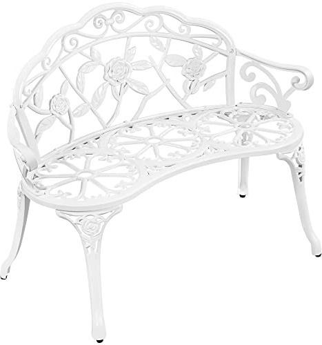 Yaheetech Metal Garden Bench Furniture Loveseat with Rose Design, White | 227kg Capacity | Waterproof Coating, Aluminium Metal, Weather-Resistant | Ergonomic Design | For Outdoor, Patio, Lawn, Yard