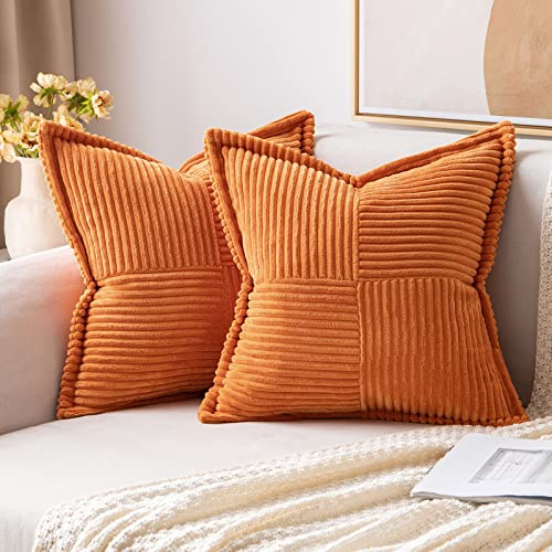 MIULEE 2er Set Kissenbezug 40×40cm Kordsamt Biese Patchwork Orange | Mit Biese und Patchwork Design formstabil farbtreu mit Reißverschluss dekorativ für Sofa Bett Gästezimmer Büro und Terrasse