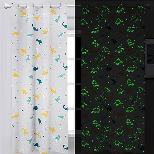 Dinosaurier-Vorhänge für Jungen-Schlafzimmer, leuchtet im Dunkeln, Cartoon-Stangentasche, Kinder, Jungen, Mädchen, einfach, kindlich, niedlich, Dino, Wildtiere, Muster, Fenstervorhänge, Kinderzimmer,