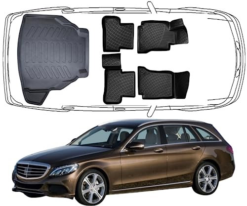 Rizline Passgenau 3D Fussmatten & Kofferraumwannee Auto Set Kompatibel mit Mercedes C Klasse T Model W205 2014-2021 Auto Zubehör Gummimatten & Kofferraummatte TPE Allwetter Geruchlos Schwarz