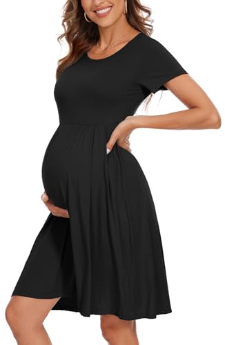 WOOXIO Women's Fashion Short Sleeve Maternity Dress with Pockets Patchwork Pregnancy Clothes Black,XL