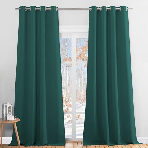 PONY DANCE Long Blackout Curtain - Eyelet Top Window Curtains for Sunlight & UV Rays Protected Thermal Insulated Drapes for Sliding Glass Door, Double Pieces, 55 Wide by 96 Drop, Dark Green