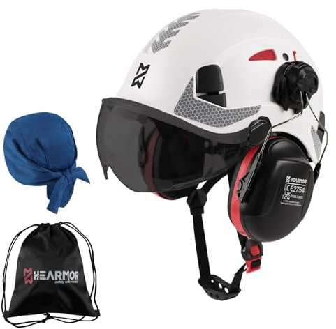 HEARMOR Casco protettivo con protezione dell'udito e visiera per lavori forestali, di costruzione e di arrampicata – con tasca portatile e inserto rinfrescante, bianco