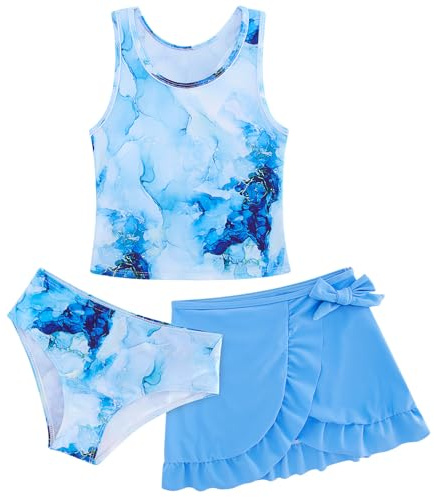 AIDEAONE Schwimmkostüm für Kinder Mädchen Bikini mit Rock Entzückende Schwimmkostüm Fantasieblau Bequeme Badebekleidung für Mädchen 9-10 Jahre