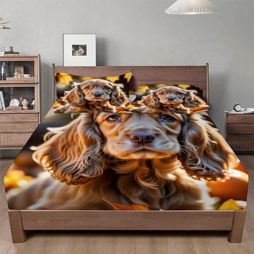Drap Housse 90x190 Cocker Drap-Housse Chien De Chasse à La BéCassine Drap Plat pour Lit avec Grand Bonnet de 30 cm Draps Housse Microfibre et 2 Taies d'oreillers, pour Matelas éPais