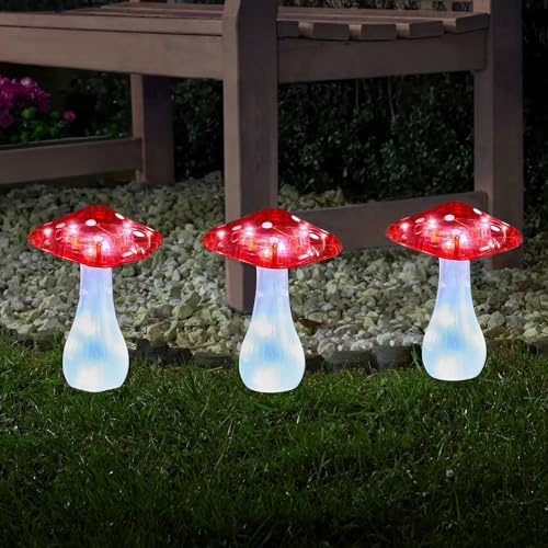 Garden Mile 3 LED Solar Powered Mushroom Stake Lights Outdoor Waterproof - Toadstool Garden Path Lights - Decorative Solar Lights Outdoor Garden for Pathway, Patio, Lawn & Fairy Garden Decor