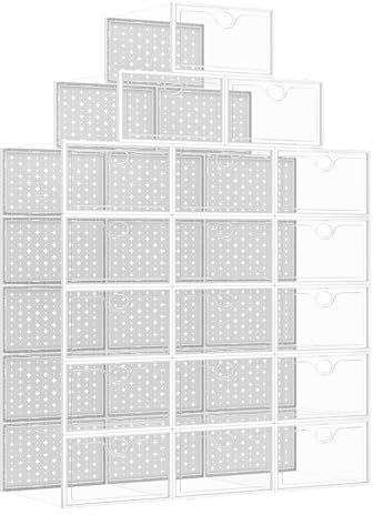 Pinkpum 18 Stück Schuhboxen Stapelbar Transparent, Faltbar Hartplastik Schuhkarton mit Deckel, Wünschenswert Schuh-Organizer Schuhaufbewahrung für Stöckelschuhe, Stiefeletten, bis Größe 44 Weiß
