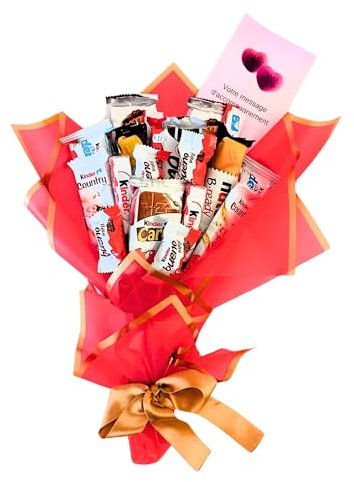 Bouquet de chocolat a offrir kinder assortiment Noël personnalisé Anniversaire Saint Valentin Coffret Femme Enfant Fête des mères Professeur, maître, maîtresse, Enseignant (Bouquet N1 Rouge)