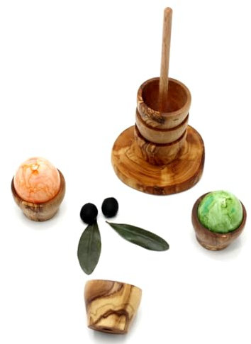 DAGDEG Juego de 6 hueveras de madera de olivo, torneadas a mano, soporte para huevos de madera, soporte para huevos, vajilla sostenible, hecha a mano (madera de olivo, juego de 6 hueveras con soporte)