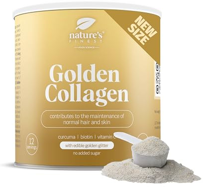Nature's Finest Golden Collagen, Trinkpulver 120 g | Kollagen-Hydrolysat mit goldenem Glitzer, Kurkuma, Biotin & Vitamin C - Pfirsichgeschmack, halal