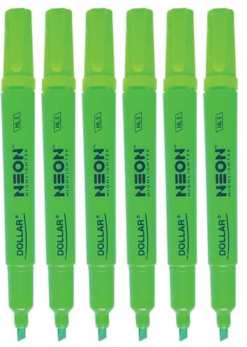 DOLLAR NeoMark Highlighter Pens, GREEN, Pack of 6, Chisel Tip (5.0mm), Multipack, Fast-drying, Fluorescent Colour, Perfect for School Office Home Highlighters