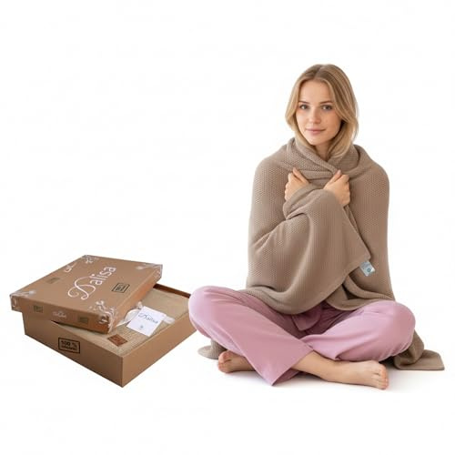Dalisa 100% Baumwolle Strickdecke Mokka 130x150 cm – GOTS-Zertifiziert, weich & gemütlich, vorgewaschen, waschmaschinengeeignet, in Geschenkbox.