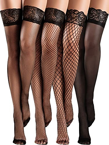 Bencailor 4 Paia Calze Autoreggenti a Rete Velate a Coscia con Top in Pizzo Silicone per Donna(Nero,XL)