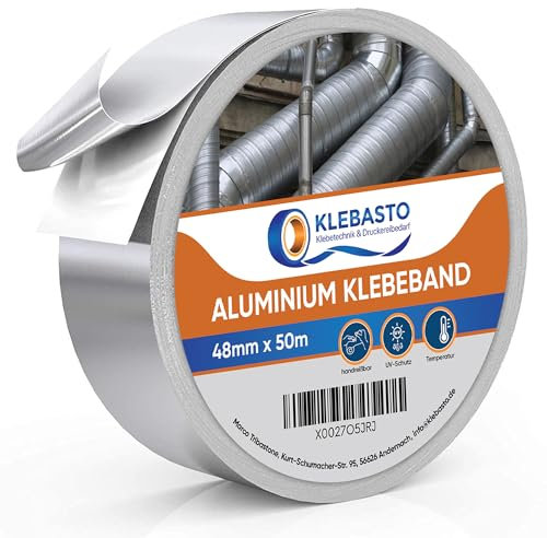 KLEBASTO Aluminium Klebeband | Wasserdichtes Alu Klebeband | Hitzebeständiges klebeband für Reparaturen von metallischen Oberflächen, Lüftungs- und Klimaanlagen 48mm x 50m