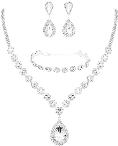 yuxiaoyu Costume Jewelry for Women Silver Bridal Jewelry Set for Wedding Rhinestone Sparkly Silver Necklace Earrings Bracelet Set for Women