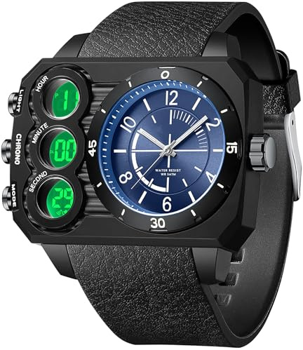 findtime Herren Uhren Einzigartiges Design Herrenuhr Quadratische Übergroße Armbanduhr DREI Zeitzone Digital Analog Quarzuhr