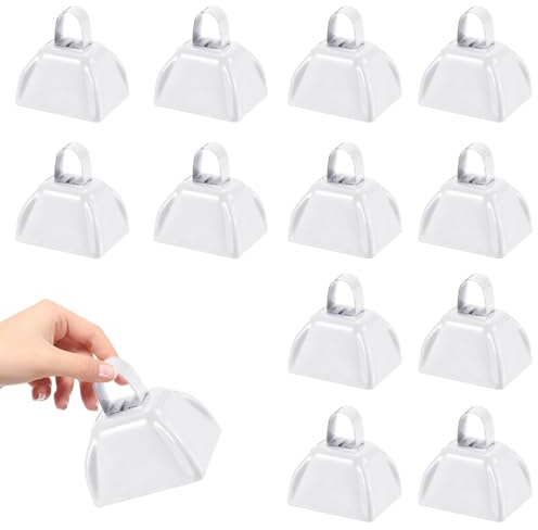 HEYLEAYAR 3Inch Cowbells for Sporting Events,12Pcs Metal Cow Bells Bulk Loud Noise Makers Cow Bell with Handle for Cheering Football Games Spirit Marathon Weddings Party Noisemakers, White