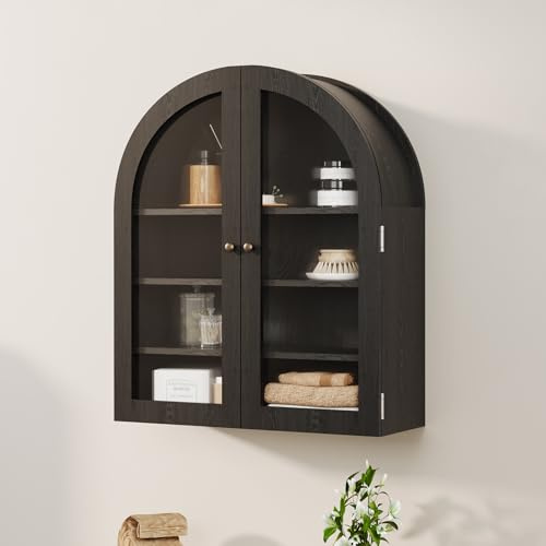 CuisinSmart Small Wall-Mounted Cabinet, Arched Bathroom Medicine Cabinet with Glass Doors & Adjustable Shelves, Wood Kitchen Organizer for Small Spaces, Apartments, Black