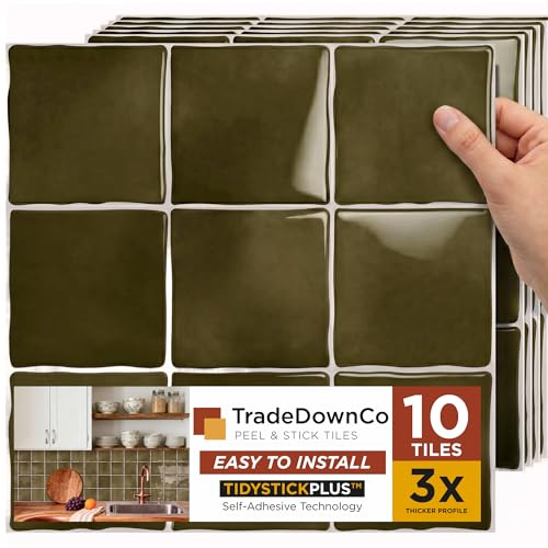 TradeDownCo Peel & Stick Wall Tiles (10 Sheets) - Thicker Self-Adhesive Premium Tile Stickers for Kitchen, Bathrooms, Laundry Rooms and More, 12x12/30x30cm, Glossy Basil Green