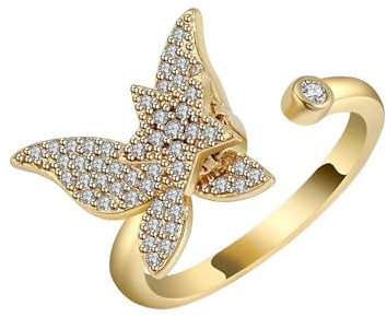 Psiroy Fidget Anxiety Rings for Women Spinner Rings for Anxiety Relieving Stress Open CZ Rotatable Butterfly Rings Adjustable