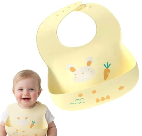 SGERUFZ 1 Stück Silikon Baby Lätzchen mit Auffangschale, BPA Frei, Einfache Reinigung, Wasserdicht, für Jungen Mädchen Gelbes Kaninchenmotiv