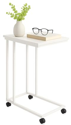 Relaxdays sidobord med hjul, H x B x D: 68 x 50 x 35 cm, MDF, metall, C-form, soffbord för skillnader, vitt
