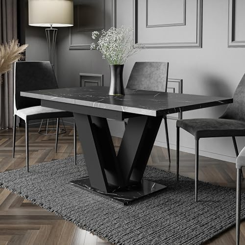 Black Extendable Dining Table, 4-6 Seater, 120-160cm, Marble Effect, MASIV | 4ft Modern Dining Table, Seats 4-6 People, Table Only – No Chairs, Kitchen Table, Glamour Marble Effect, Space-Saving Design