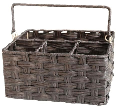 Gadpiparty Imitation Wicker Utensil Caddy with Handle and Iron Frame Flatware Organizer with Divided Compartments for Kitchen Countertop Rustic Silverware Holder for Picnic and Apartment