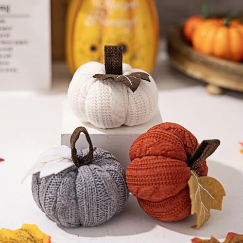 Tyxzle Hand Crocheted Fall Pumpkin Decor Set of 3, Mini Knit Farmhouse Foam Decorations for Thanksgiving, Halloween, and Autumn Hearth Mantle Displays