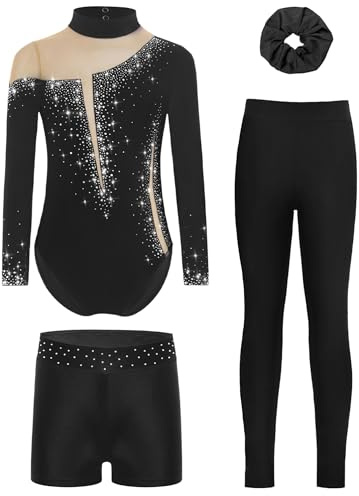 Alvivi 4Pcs Mädchen Turnanzug Glitzer Gymnastikanzug mit Hose Shorts Haarband Langarm Ballettanzug Gymnastikbody Turntrikot Gymnastik Kleidung