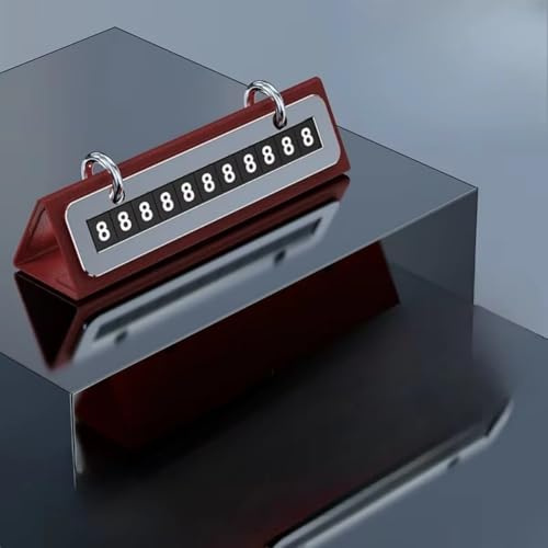 Car Parking Number Plate with Concealed Flip Cover for Privacy, Dual Phone Number Display, Magnetic Number Tiles, and Crafted Aluminum Alloy Plus Leather Material (Red)