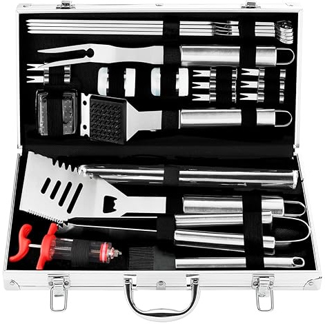 grilljoy 24-teiliges BBQ Grillbesteck Set aus Edelstahl mit Koffer | Grillzange, Spachtel und Grillmatte inklusive – für Garten, Picknick und Grillen. Geschenk für Männer, Väter, Ehemänner