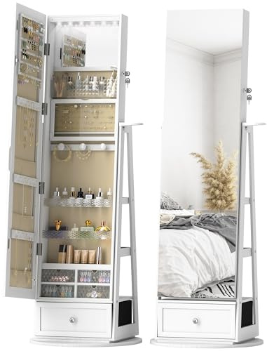 HOMCOM Espejo Joyero con Luces LED, Armario para Joyas, Armario Joyero de Pie con Espejo Cuero Entero, Soporte para Secador, Giratorio de 360°, Cajón, Cerradura, Estantes Abiertos, Blanco y Beige