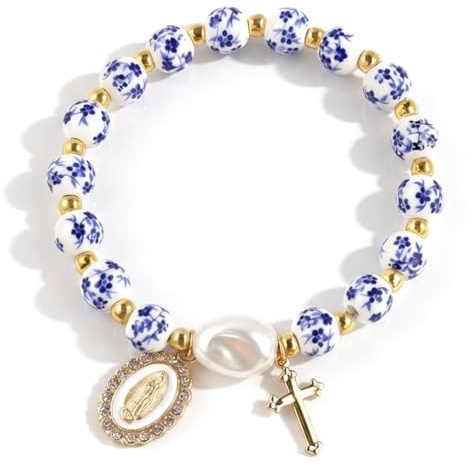 JIRVEX Cadeau Communion Fille Bracelet avec Croix et Perles Bleu Blanc Bijoux Religieux pour Baptême, Communion ou Confirmation
