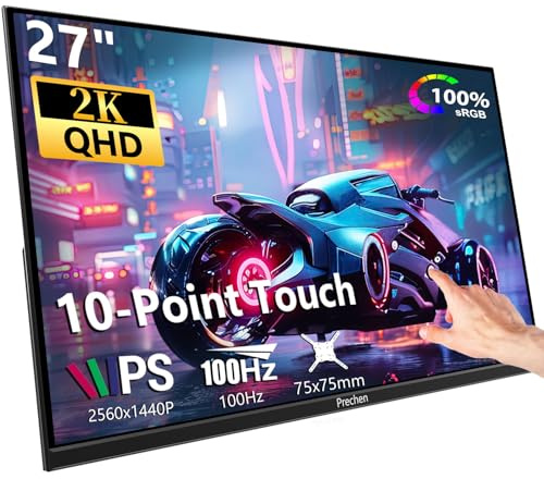 Prechen Monitor 27 Pulgadas 2K, Monitor Portátil Táctil 100 Hz, Pantalla Portátil IPS QHD con 100% sRGB, Soporte Ajustable a 90°, USB-C, HDMI, Monitor Gaming 2560×1440