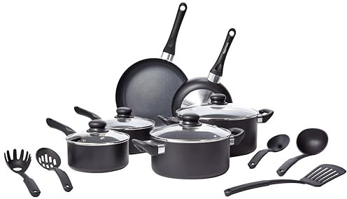 Amazon Basics Batteria da cucina, 15 unità con rivestimento antiaderente, Nero