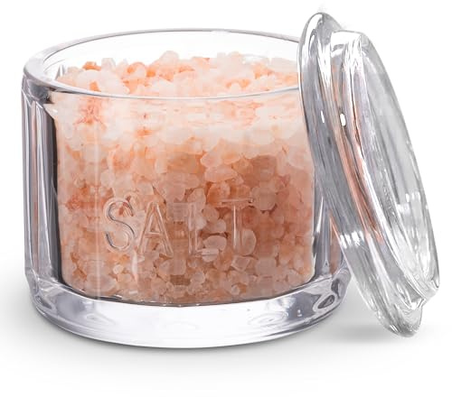 KooK Glass Salt Cellar, with Lid, Embossed Pressed Glass, Clear Storage Container, for Coffee, Sugar, Spices and Candies, 10 oz (Clear)