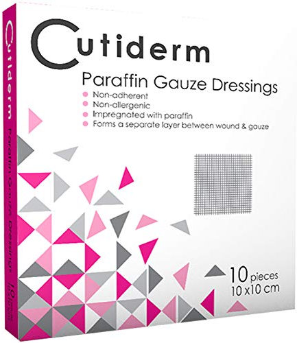 Cutiderm Sterile Paraffin Gauze Dressing 10cm x 10cm Pack of 10 - Suitable for Superficial and Partial Thickness Burns, Skin Loss Wounds, abrasions and Traumatic Injuries