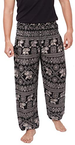 Banjamath Mens Yoga Harem Lounge Boho Parachute Loose Baggy Pants (Elephant Black, Waist 32-36)