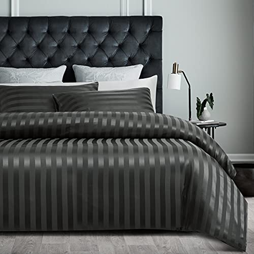 Sedefen Housse de Couette 140x200cm Gris Foncé en Satin + 1 Taie d'oreiller 65x65cm avec Fermeture Éclair Soyeux Parure de Lit Soie Satin Rayé Adulte Ado Luxe literie 2 Personnes