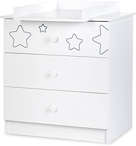 KLUPS Tino Commode Enfant 3 tiroirs Motifs étoiles + Plan à Langer Amovible Blanc 83x54x87cm