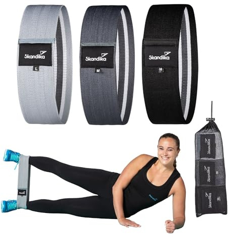 Skandika Lot de 3 Bandes de Fitness en Tissu - 3 Niveaux de résistance - Antidérapantes - Guide d'exercices - Sac de Transport - pour la Musculation, Le renforcement Musculaire, Le Fitness et Le Yoga