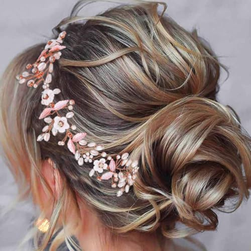 Unicra Blume Braut Hochzeit Haarschmuck Haarrebe Rose Gold Kristall Braut Reben Kopfschmuck Kopfbedeckung Hochzeits-Haarschmuck für Frauen und Mädchen (Roségold)