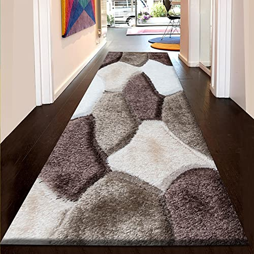 PHP Stylish Large Area Rugs For Living Room - Non Shedding Dense Pile Shaggy Rug For Bedroom Kitchen Carpet Runner Non Slip Floor Mat - Brown Beige Cream - Pona, 160 x 230 cm