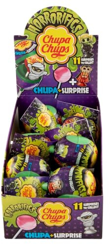 Chupa Chups Surprise Horrorific, goloso Lollipop gusto fragola, ottime per Halloween, la confezione contiene 16 Lollipop con 11 sorprese Horrorifics da scambiare con i tuoi amici,